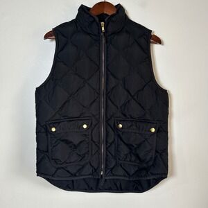 J.Crew Excursion Quilted Puffer Vest Womens Medium Black Gold Zip Diamond Quilt